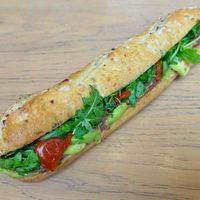 Avo, olives and toms baguette at Pret A Manger - Stafford M6 Southbound Services in Stone