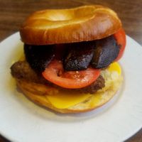 Bagel with vegan cheese, hashbrowns, vegan sausage, mushrooms and tomato at Blended Brew in Inverness