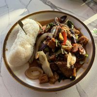 Spicy eggplant tofu with sticky rice  at Sugar and Spice in Cambridge
