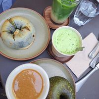 Matcha bagel, black sesame bagel, matcha hot and cold at Nagare Bankside in South East London