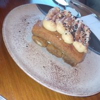 Vegetarian tiramisu dessert at Kitty Hawk Rooftop Bar and Restaurant in London