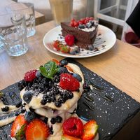 Pancakes + raw cake + ice latte at MyRaw Cafe in Prague