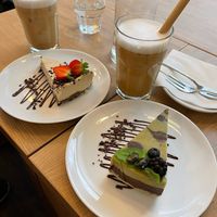 Mint chocolate cake + banana peanut butter cake + ice lattes with oat milk  at MyRaw Cafe in Prague