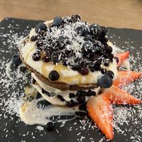 Pancakes with cashew cream and blueberries  #Veganuary at MyRaw Cafe in Prague