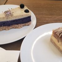 Blueberry/lavender cheesecake, milky way cake at MyRaw Cafe in Prague