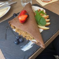 buckwheat pancakes filled with fresh apple   at MyRaw Cafe in Prague