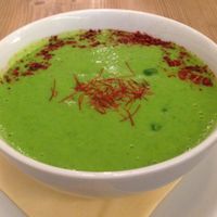 Raw pea soup at MyRaw Cafe in Prague