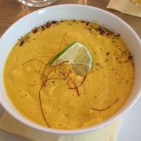 Carrot, lime and ginger soup at MyRaw Cafe in Prague