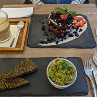 Blueberry pancakes and scrambled 'egg' at MyRaw Cafe in Prague