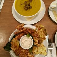 nachos and carrot soup at MyRaw Cafe in Prague