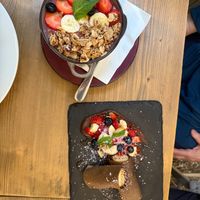 açaí bowl and banana chocolate crepes  at MyRaw Cafe in Prague