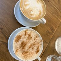 Chai latte with soy mylk and a cappuccino with soy mylk at MyRaw Cafe in Prague