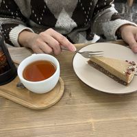 Raw coffee cake & hibiscus tea  at MyRaw Cafe in Prague