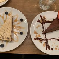 Lemon and lavender cheesecake, chocolate pie at MyRaw Cafe in Prague
