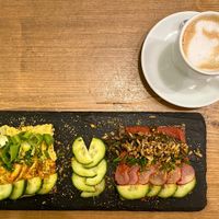 Breakfast toast with „egg“ and beetroot spread at MyRaw Cafe in Prague