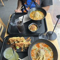 Truffle Mac, taco rolls. Japanese curry & garlic miso   at Redwhite Boneless Ramen in New York