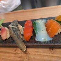 Vegan sushi plate (left to right: zucchini, asparagus, ginger, eggplant, bell pepper, vegan squid, vegan salmon, vegan tuna) at Vegan Sushi BABYLON | 寿司バビロン| in Tokyo