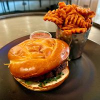 Vegan burger and sweet potato waffle friess #Veganuary at DEN - Root Down - TC in Denver