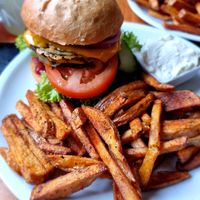 Seitan burger with fries and mayo at Kruemelkueche in Duisburg