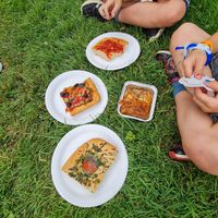 Foccacia pizza and lasagne at Vegan Sweet Tooth in London