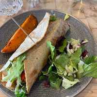 Vegan wrap. Note the sweet potato wedge. at GOTT in Vestmannaeyjar