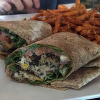 quinoa wrap with sweet potato fries at Lost Dog Cafe in Binghamton