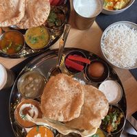 Menu met verschillende curry’s (Indian Thali)  at Indian Treats in Rotterdam