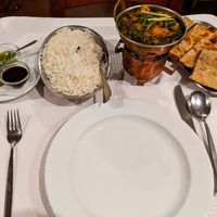Saag Alo, Roti, and complimentary rice and chutneys at Everest Montahne at Everest Montanha in Lisbon