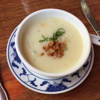 starter, vegan ";chicken"; soup at Vegegården in Malmo