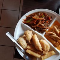 Fried "shrimp" , wok, red curry at Vegegården in Malmo