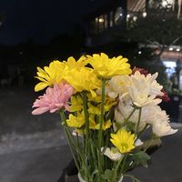 flowers on the tablee  at Falafel Warung in 