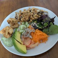 Cauliflower croquettes, rice with garbanzos, veggies (lunch of the day) at Vital Cook in Medellin