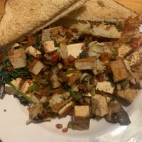 Vegan hash with tofu and sourdough bread at Notchtop Bakery and Cafe in Estes Park