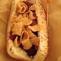 Fritos and chili on vegan hot dog at Dirty Frank's Hot Dog Palace - W Broad in Columbus