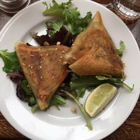 these samosas were to die for, after struggling all week finding vegan food in Paris I was very happy!  at Brasserie LoLa in Paris