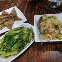 Thai bread, green veggie (morning glory I think), pomelo avocado salad at Thai Vegetarian Food 泰國素食 in Kowloon