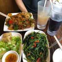 Veggie spring rolls, morning glory, and spicy flat noodles at Thai Vegetarian Food 泰國素食 in Kowloon