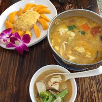 Mango sticky rice dessert and tom yum soup at Thai Vegetarian Food 泰國素食 in Kowloon
