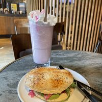 Vegan strawberry frappuccino and avocado bagel.   at Espresso House in Varberg