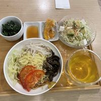 Set lunch with cold ramen, avocado salad, pumpkin tempura, and spinach in sesame sauce, with  tea   at Isoya Japanese Vegetarian in Hong Kong Island