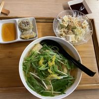 Mushroom tempura, avocado salad, seasonal main - a green leaf vegetable in udon noodle soupp  at Isoya Japanese Vegetarian in Hong Kong Island