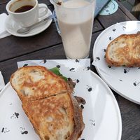 Mushroom melt toastie and peanut butter banana smoothie at Our Boy Roy in Adelaide