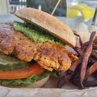 Veggie burger on gluten free bread accompanied with sweet potato fries.  at Bingo Burger in Pueblo