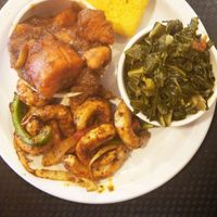 Vegan shrimp, greens and candied yams #Veganuary at Go Vegan Grill in Decatur
