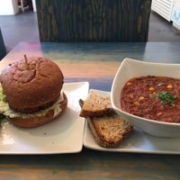 burger and soup at SOL CAL Cafe in San Diego