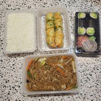 Rice, veggie rice (just vegetables and rice), avocado makis, veggie spring rolls at Pousse Pousse in Rabat