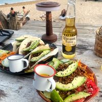 Tacos & poke bowl. The salsa is quite spicy  at Terraza del Arquitecto in Mazunte
