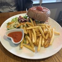 Burger and fries   at Karmana 100% Plant Based in Northampton