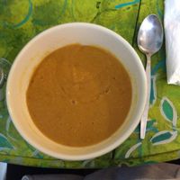 Creamy tomato and lentil soup. at Mudlarks Garden Cafe in Hertford