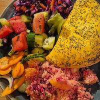 Delicious curry patty and selection of salads at Mudlarks Garden Cafe in Hertford